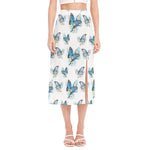 Blossom Blue Butterfly Pattern Print Side Slit Midi Skirt