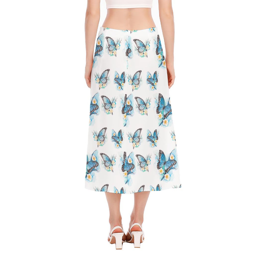 Blossom Blue Butterfly Pattern Print Side Slit Midi Skirt