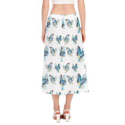 Blossom Blue Butterfly Pattern Print Side Slit Midi Skirt