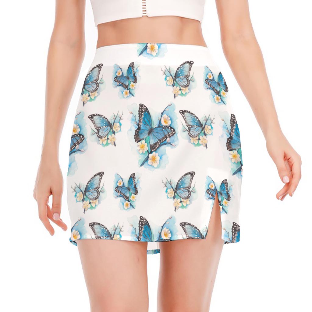 Blossom Blue Butterfly Pattern Print Side Slit Mini Skirt