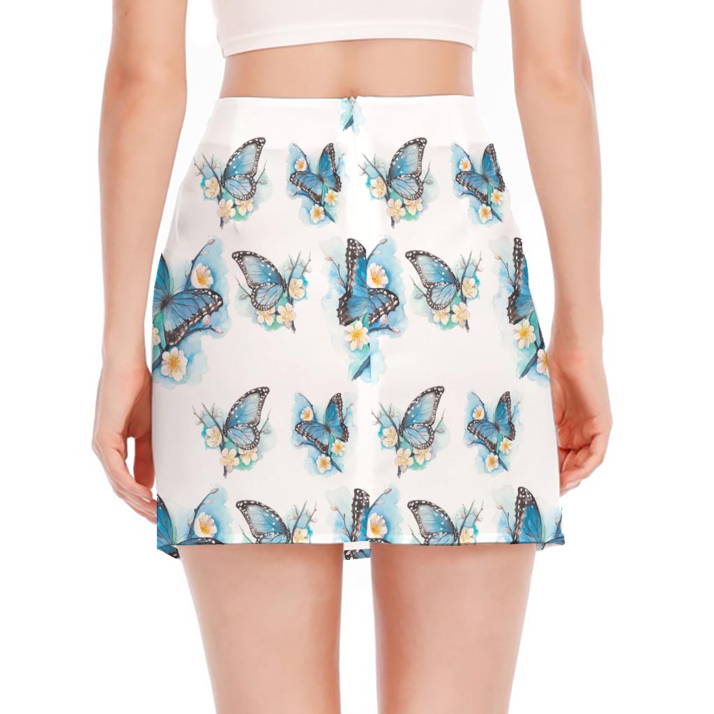 Blossom Blue Butterfly Pattern Print Side Slit Mini Skirt