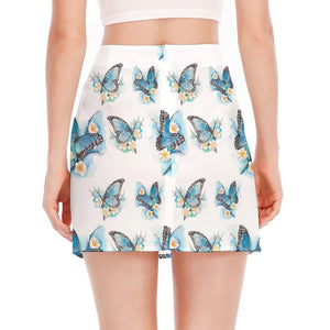 Blossom Blue Butterfly Pattern Print Side Slit Mini Skirt