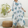 Blossom Blue Butterfly Pattern Print Silk V-Neck Kaftan Dress