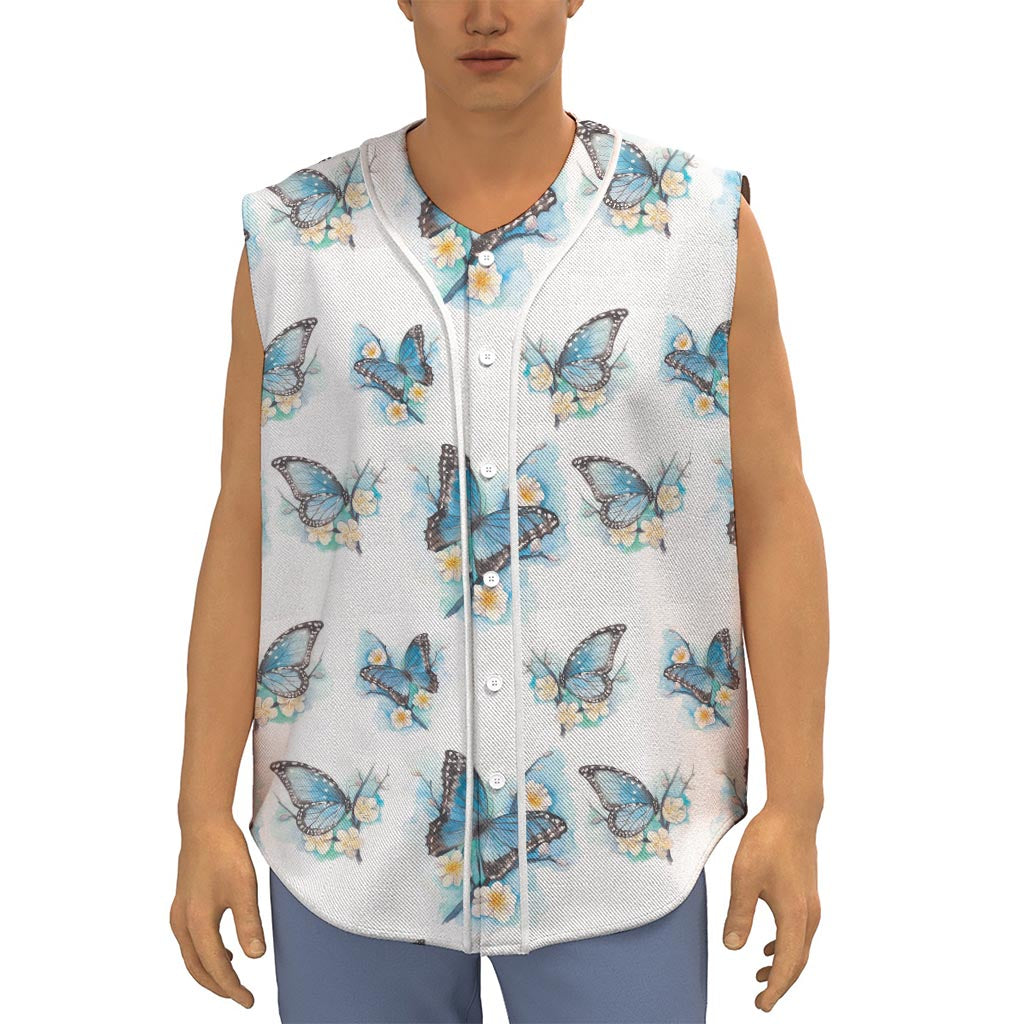 Blossom Blue Butterfly Pattern Print Sleeveless Baseball Jersey