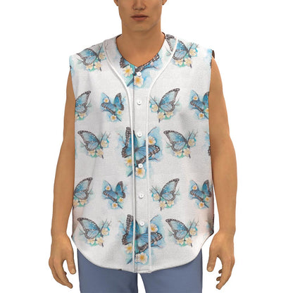 Blossom Blue Butterfly Pattern Print Sleeveless Baseball Jersey