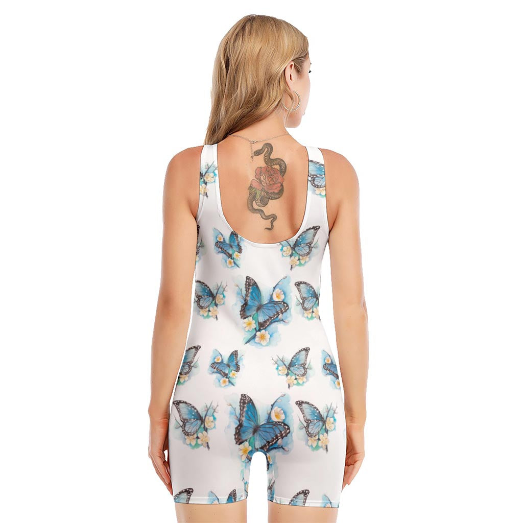 Blossom Blue Butterfly Pattern Print Sleeveless One Piece Swimsuit