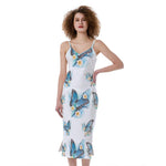 Blossom Blue Butterfly Pattern Print Slim Fit Midi Cami Dress