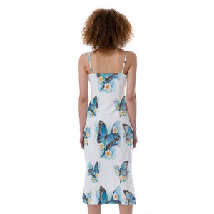 Blossom Blue Butterfly Pattern Print Slim Fit Midi Cami Dress