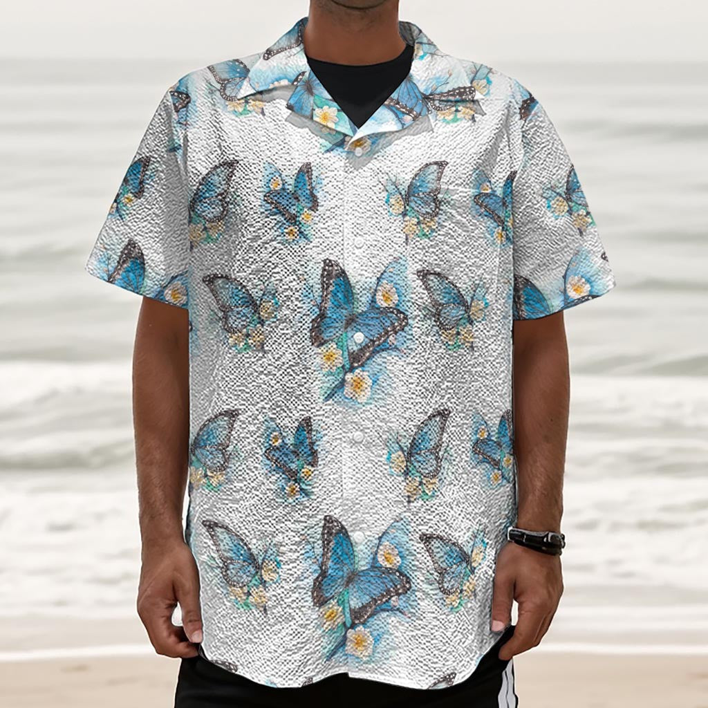 Blossom Blue Butterfly Pattern Print Textured Short Sleeve Shirt