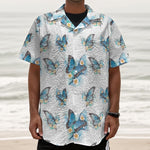 Blossom Blue Butterfly Pattern Print Textured Short Sleeve Shirt