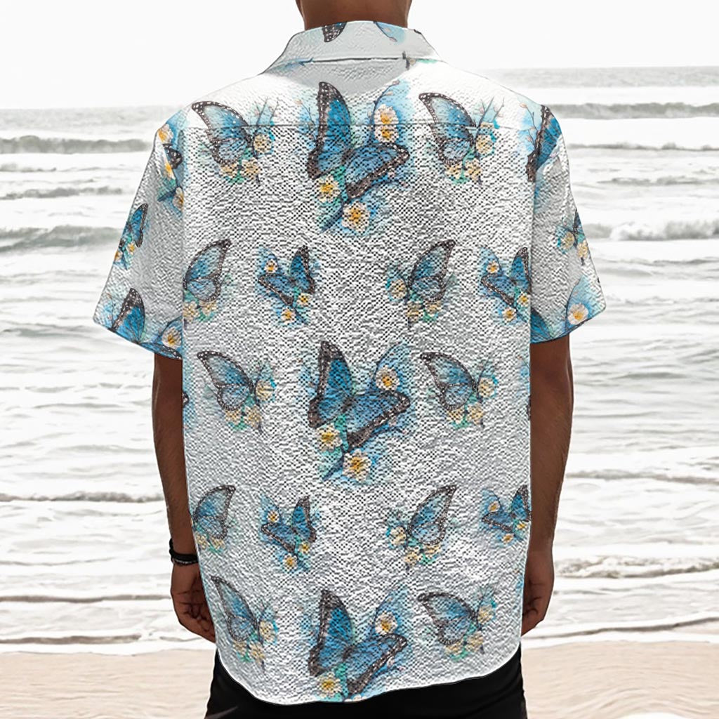 Blossom Blue Butterfly Pattern Print Textured Short Sleeve Shirt