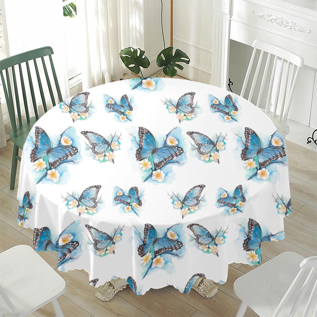 Blossom Blue Butterfly Pattern Print Waterproof Round Tablecloth