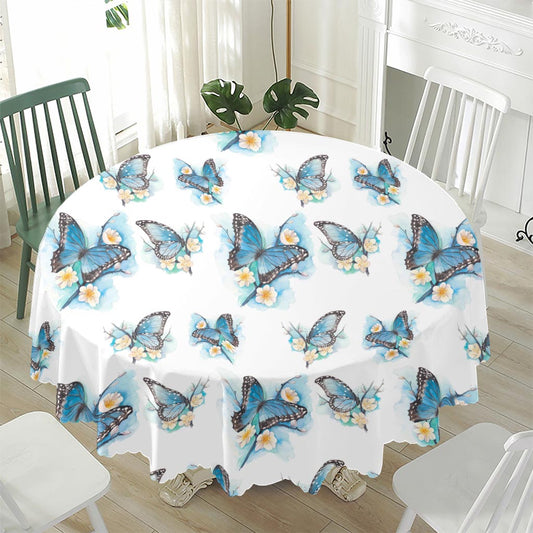 Blossom Blue Butterfly Pattern Print Waterproof Round Tablecloth