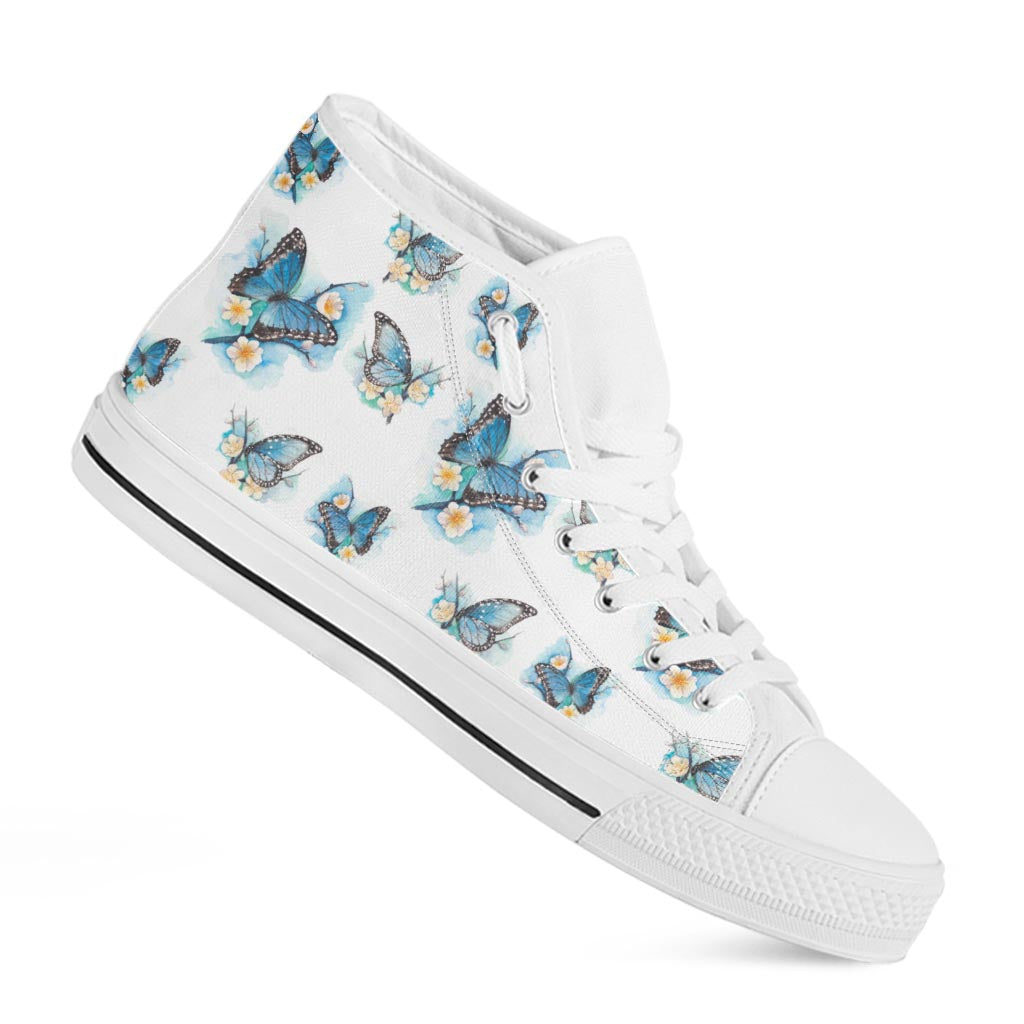 Blossom Blue Butterfly Pattern Print White High Top Sneakers