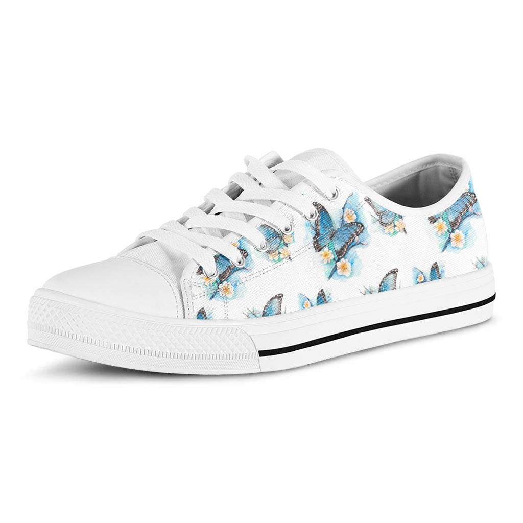 Blossom Blue Butterfly Pattern Print White Low Top Sneakers