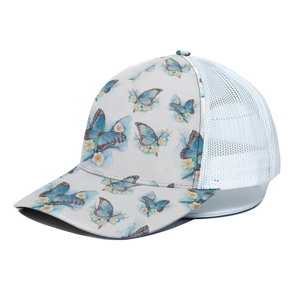 Blossom Blue Butterfly Pattern Print White Mesh Trucker Cap