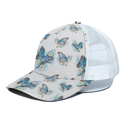 Blossom Blue Butterfly Pattern Print White Mesh Trucker Cap