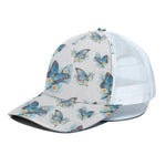 Blossom Blue Butterfly Pattern Print White Mesh Trucker Cap