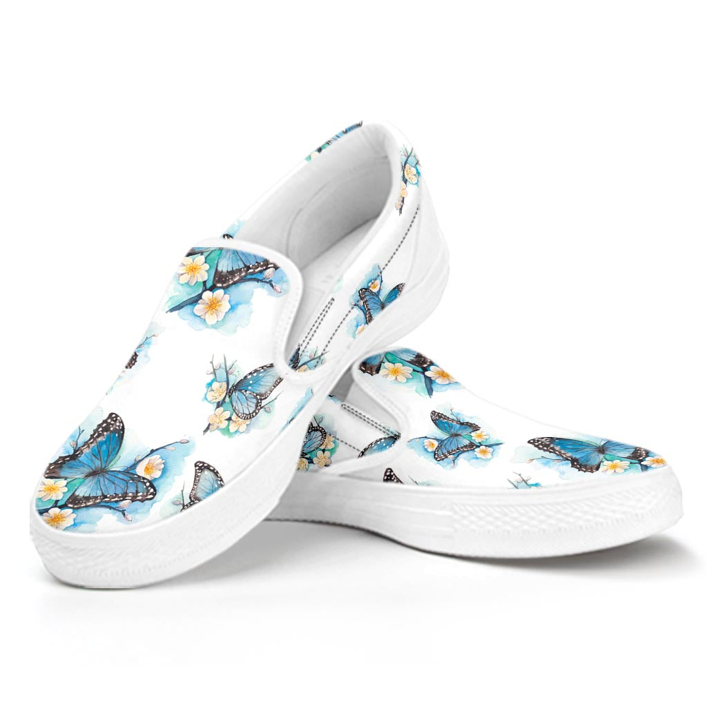 Blossom Blue Butterfly Pattern Print White Slip On Sneakers
