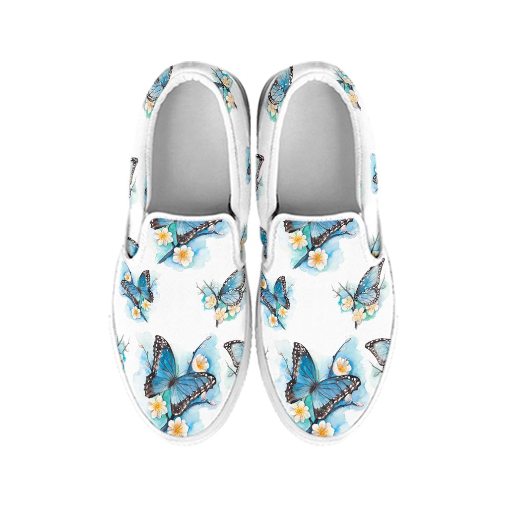 Blossom Blue Butterfly Pattern Print White Slip On Sneakers
