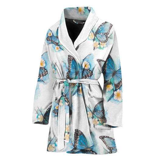 Blossom Blue Butterfly Pattern Print Women's Bathrobe