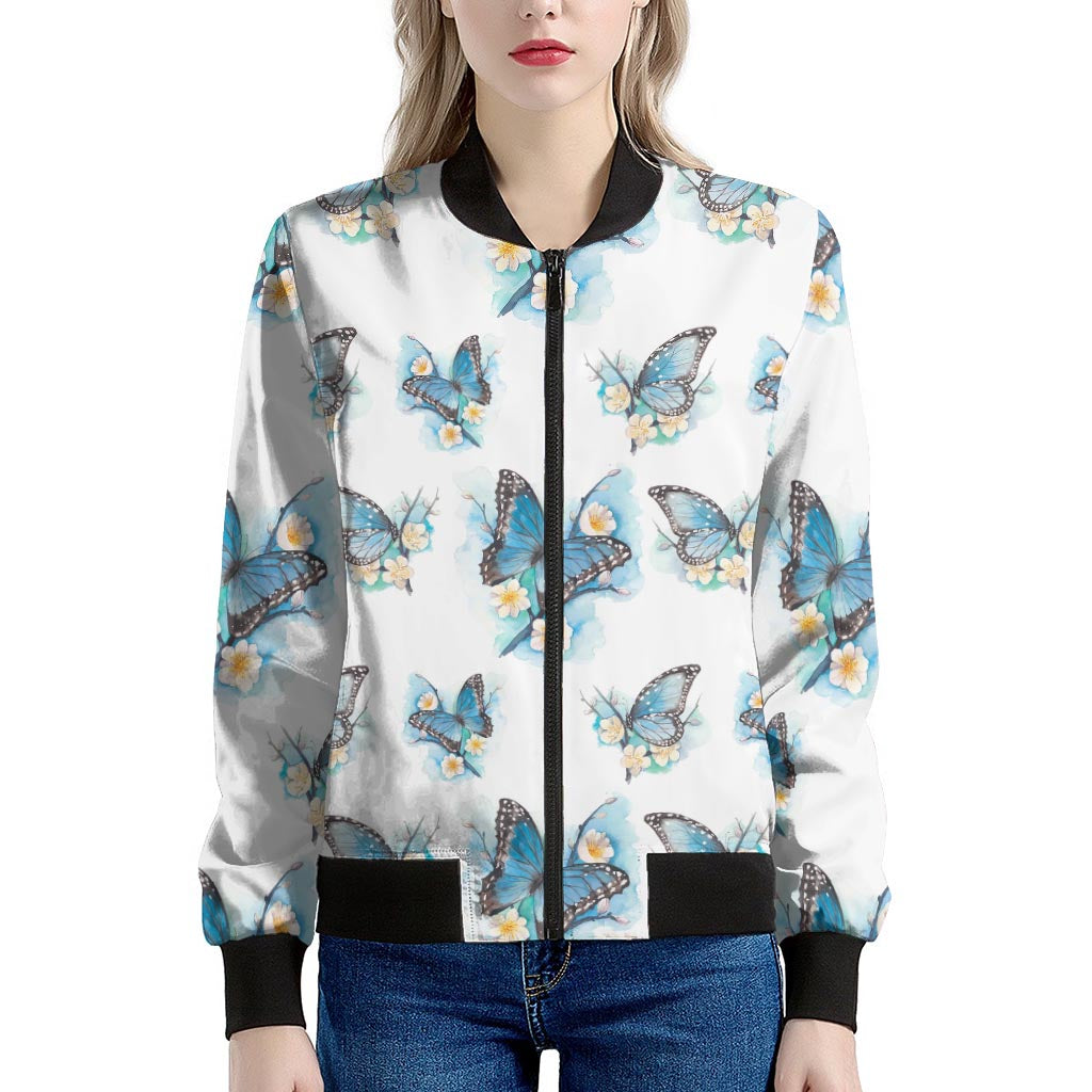 Blossom Blue Butterfly Pattern Print Women's Bomber Jacket