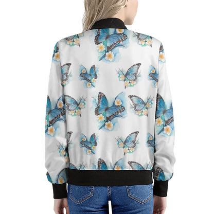 Blossom Blue Butterfly Pattern Print Women's Bomber Jacket