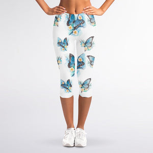 Blossom Blue Butterfly Pattern Print Women's Capri Leggings