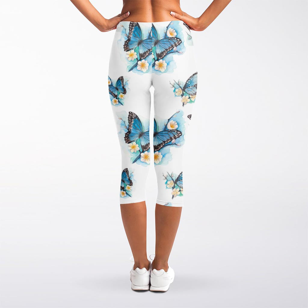 Blossom Blue Butterfly Pattern Print Women's Capri Leggings