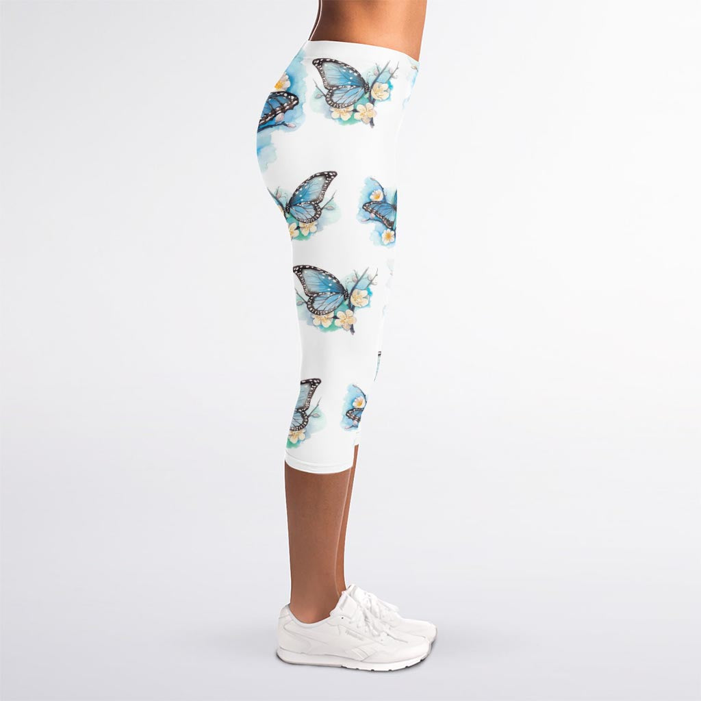 Blossom Blue Butterfly Pattern Print Women's Capri Leggings