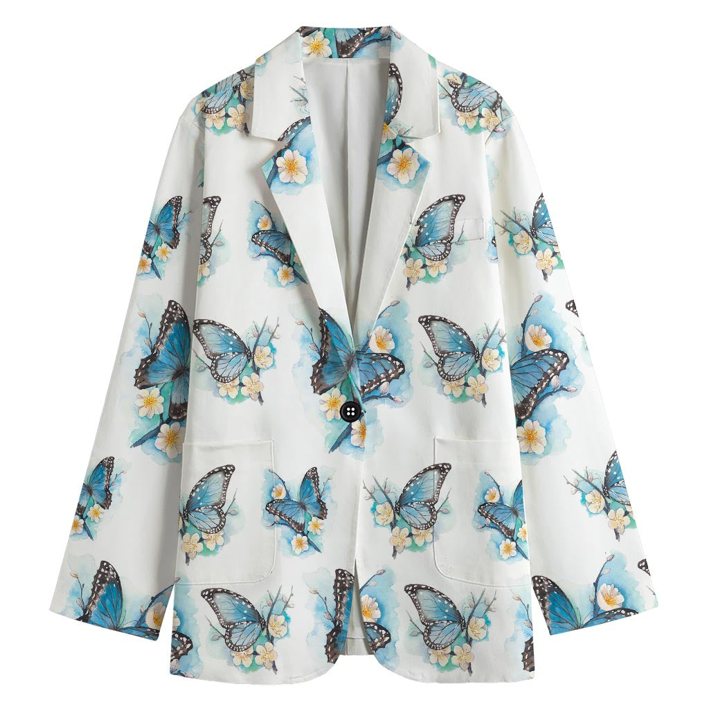 Blossom Blue Butterfly Pattern Print Women's Cotton Blazer