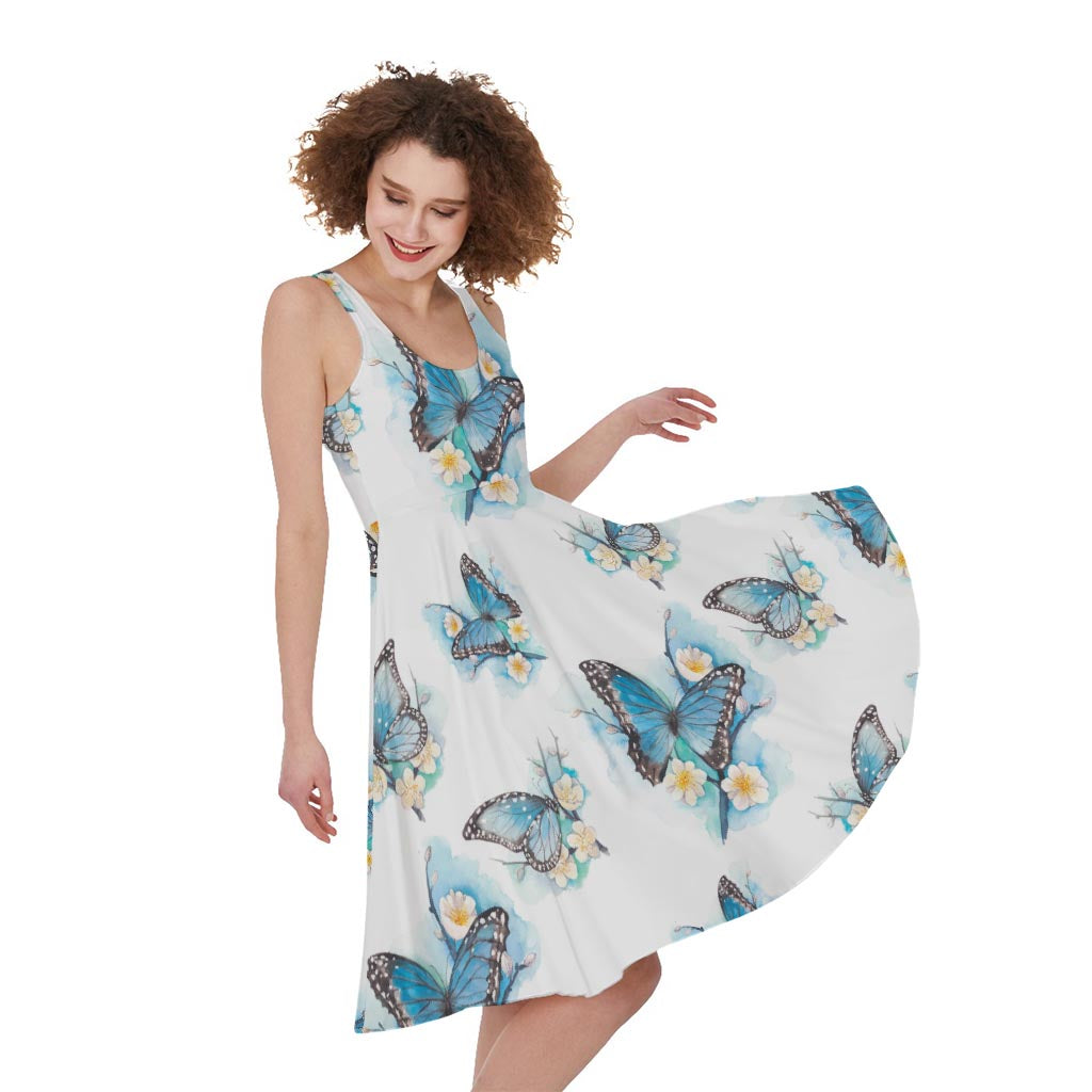 Blossom Blue Butterfly Pattern Print Women's Sleeveless Dress