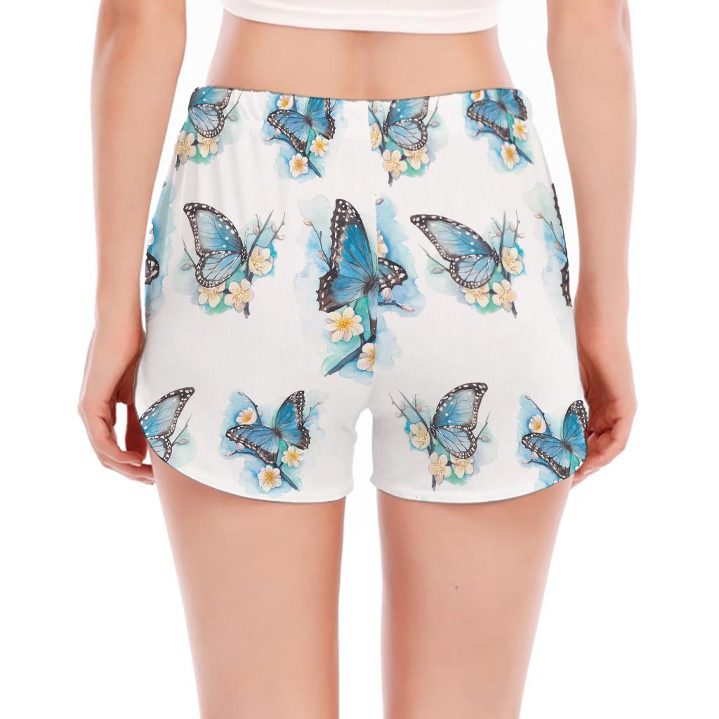 Blossom Blue Butterfly Pattern Print Women's Split Running Shorts