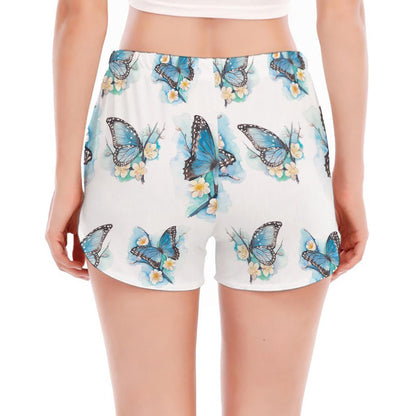 Blossom Blue Butterfly Pattern Print Women's Split Running Shorts