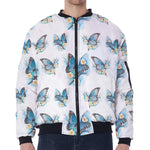 Blossom Blue Butterfly Pattern Print Zip Sleeve Bomber Jacket
