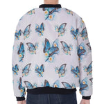Blossom Blue Butterfly Pattern Print Zip Sleeve Bomber Jacket