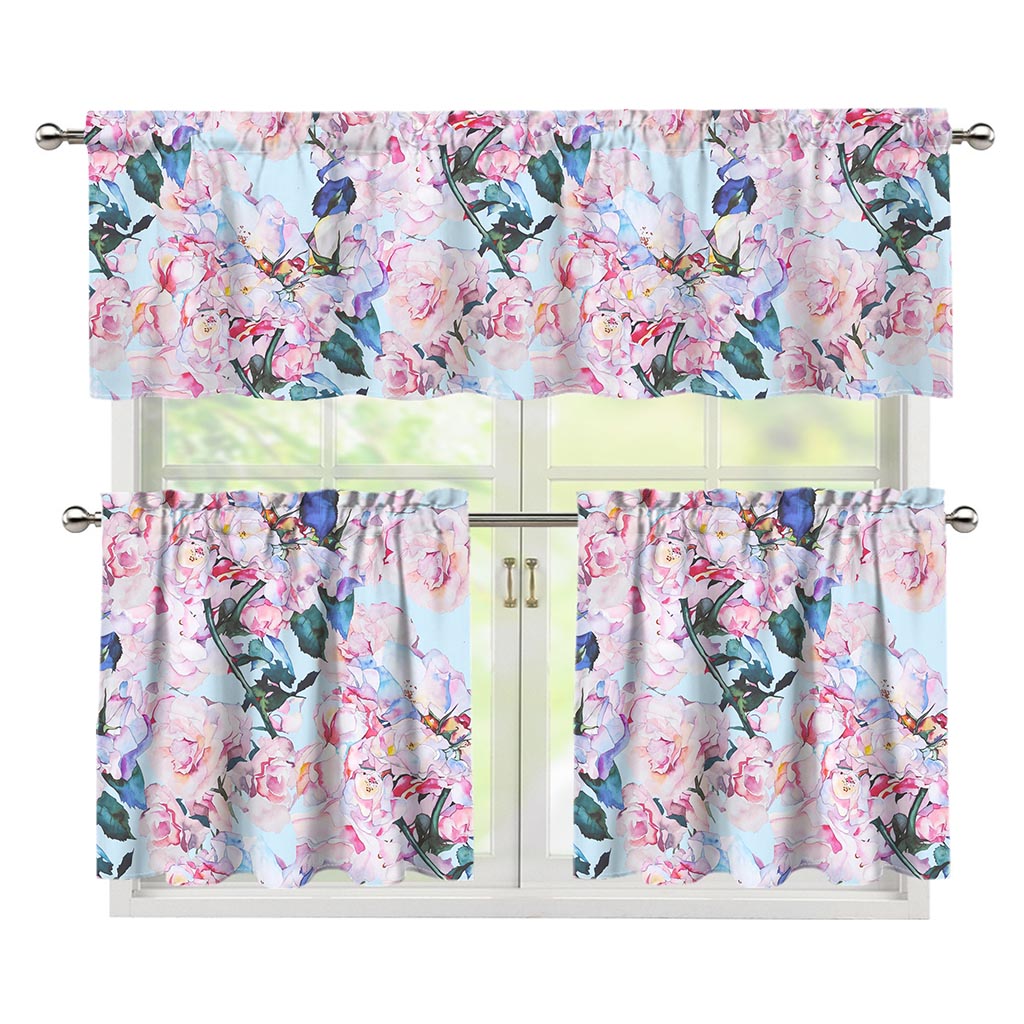 Blossom Floral Flower Pattern Print 3 Piece Kitchen Curtains