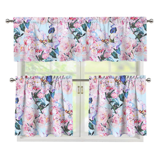 Blossom Floral Flower Pattern Print 3 Piece Kitchen Curtains