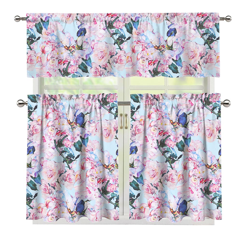 Blossom Floral Flower Pattern Print 3 Piece Kitchen Curtains
