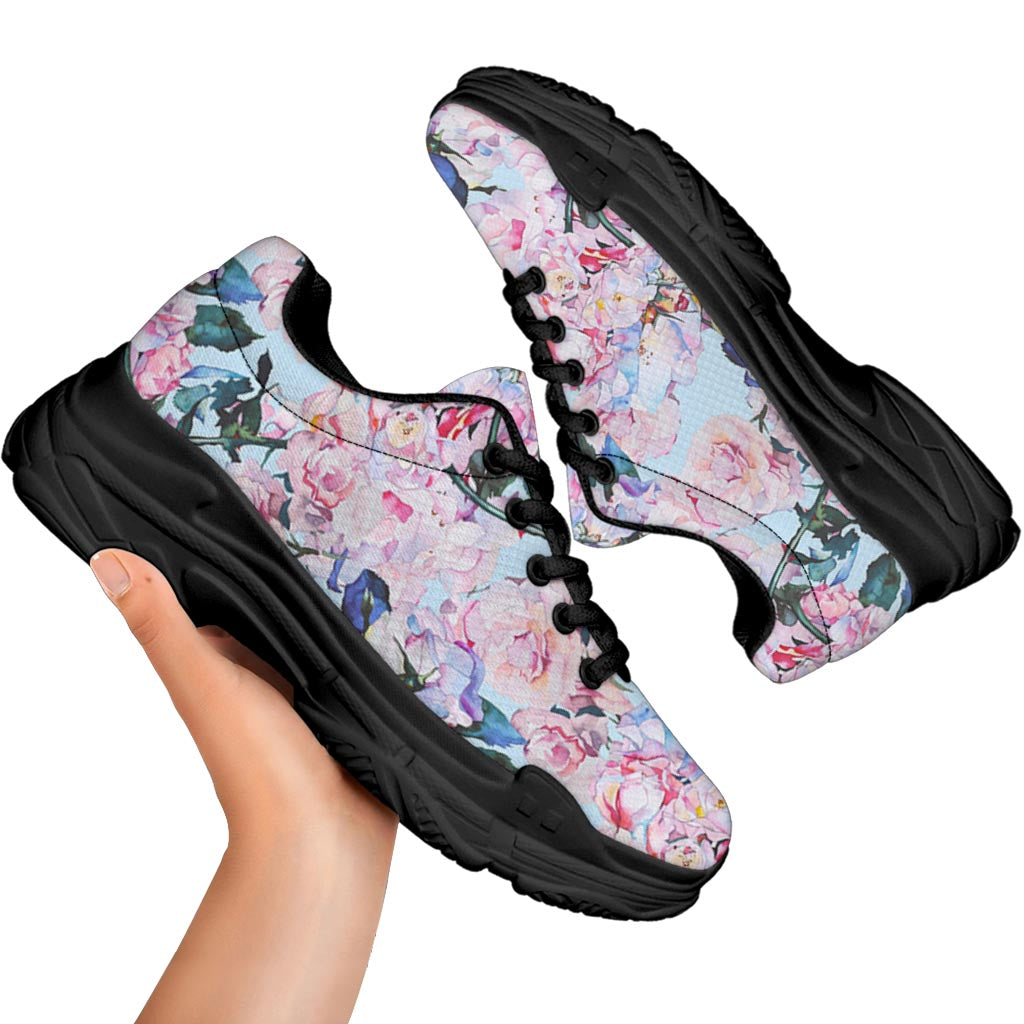 Blossom Floral Flower Pattern Print Black Chunky Shoes
