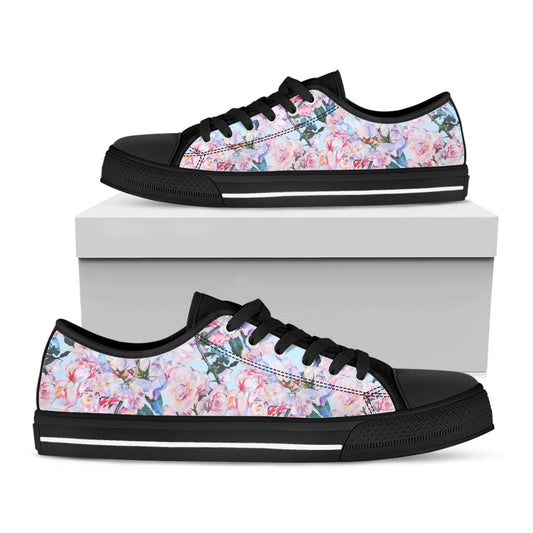 Blossom Floral Flower Pattern Print Black Low Top Sneakers