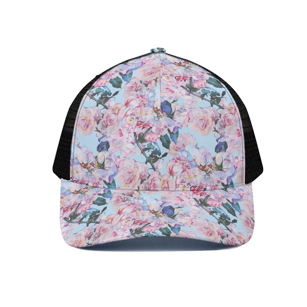 Blossom Floral Flower Pattern Print Black Mesh Trucker Cap