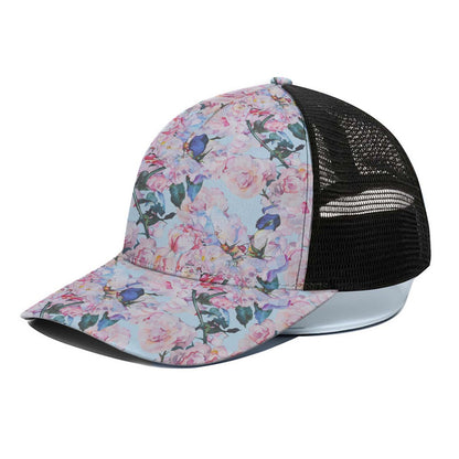 Blossom Floral Flower Pattern Print Black Mesh Trucker Cap
