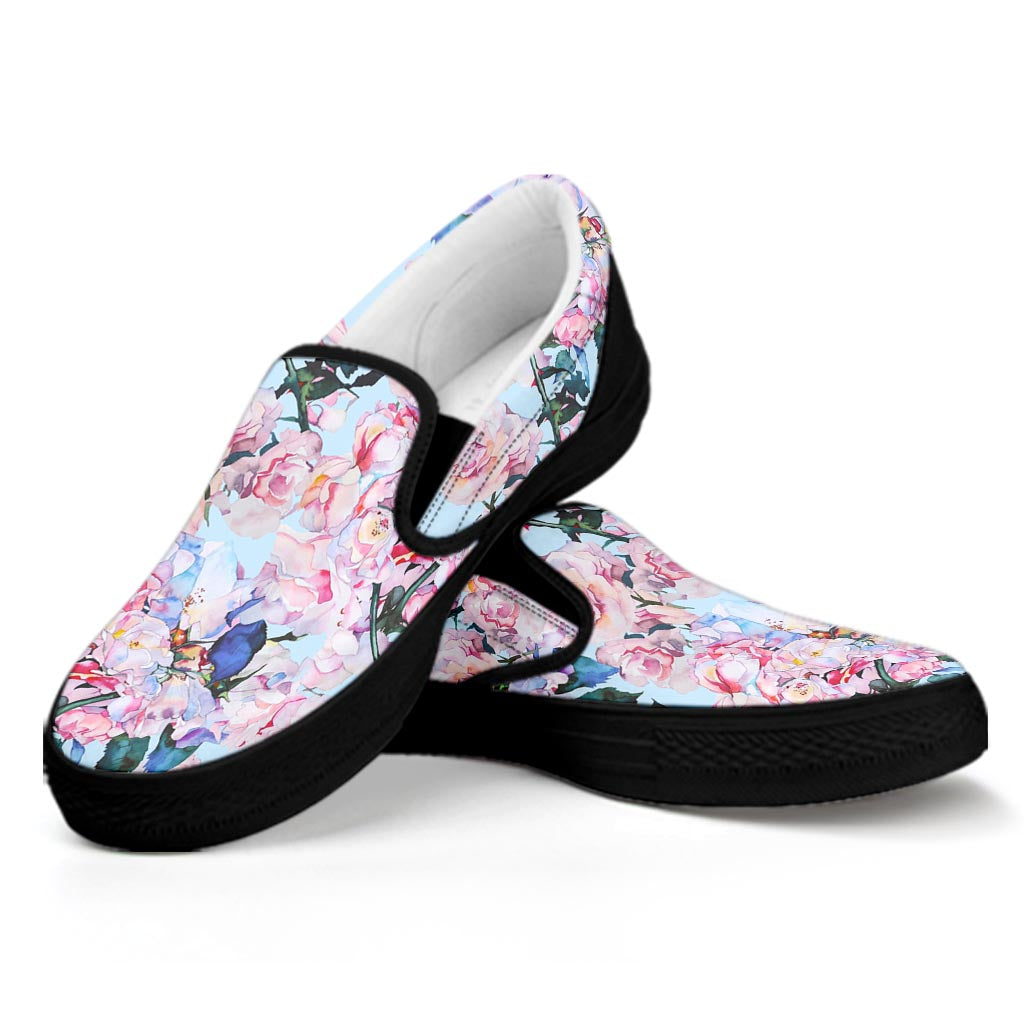 Blossom Floral Flower Pattern Print Black Slip On Sneakers