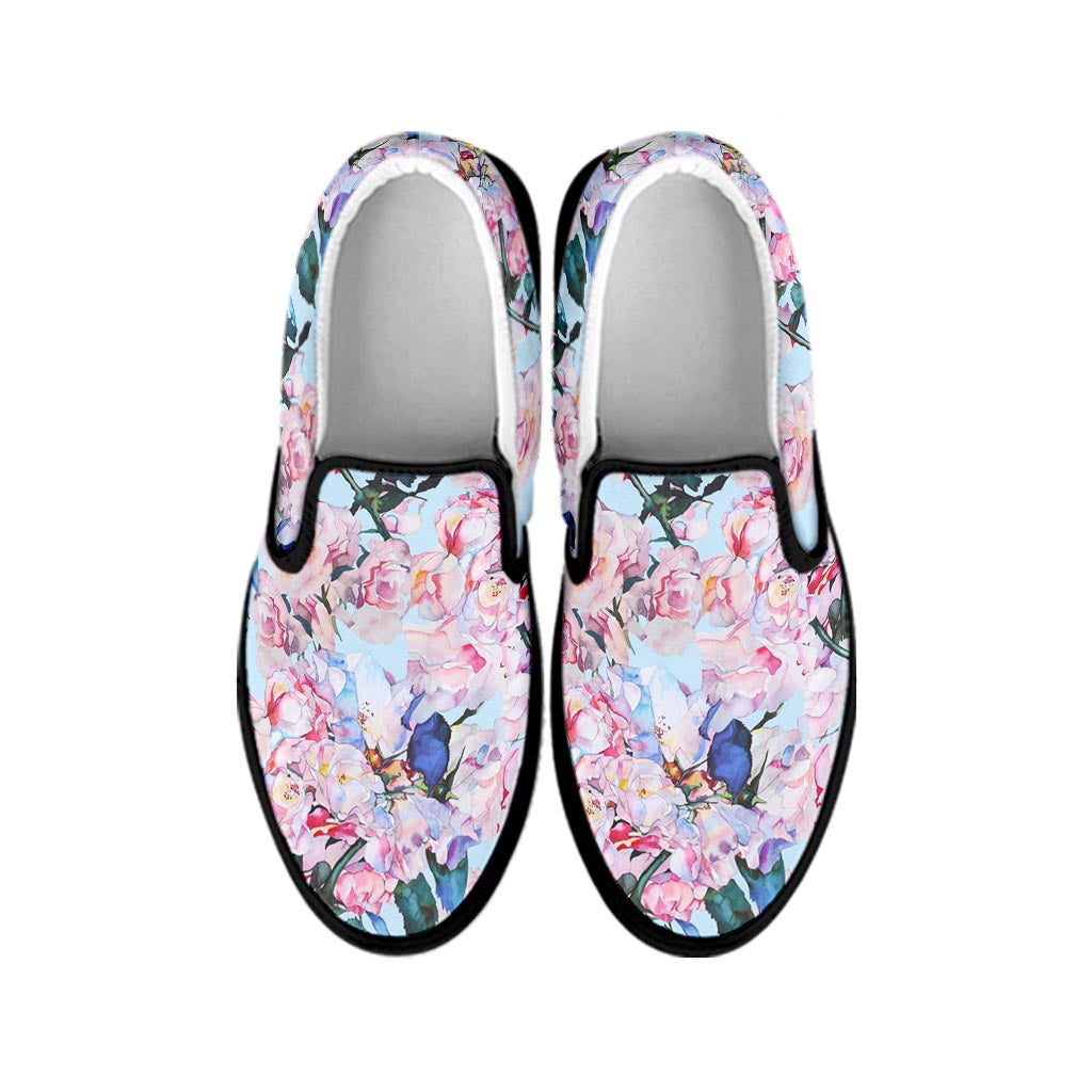 Blossom Floral Flower Pattern Print Black Slip On Sneakers
