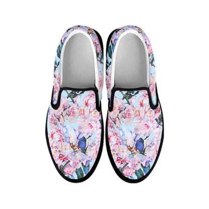 Blossom Floral Flower Pattern Print Black Slip On Sneakers