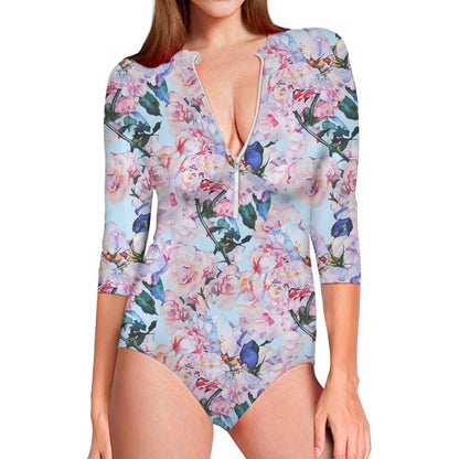 Blossom Floral Flower Pattern Print Long Sleeve Swimsuit