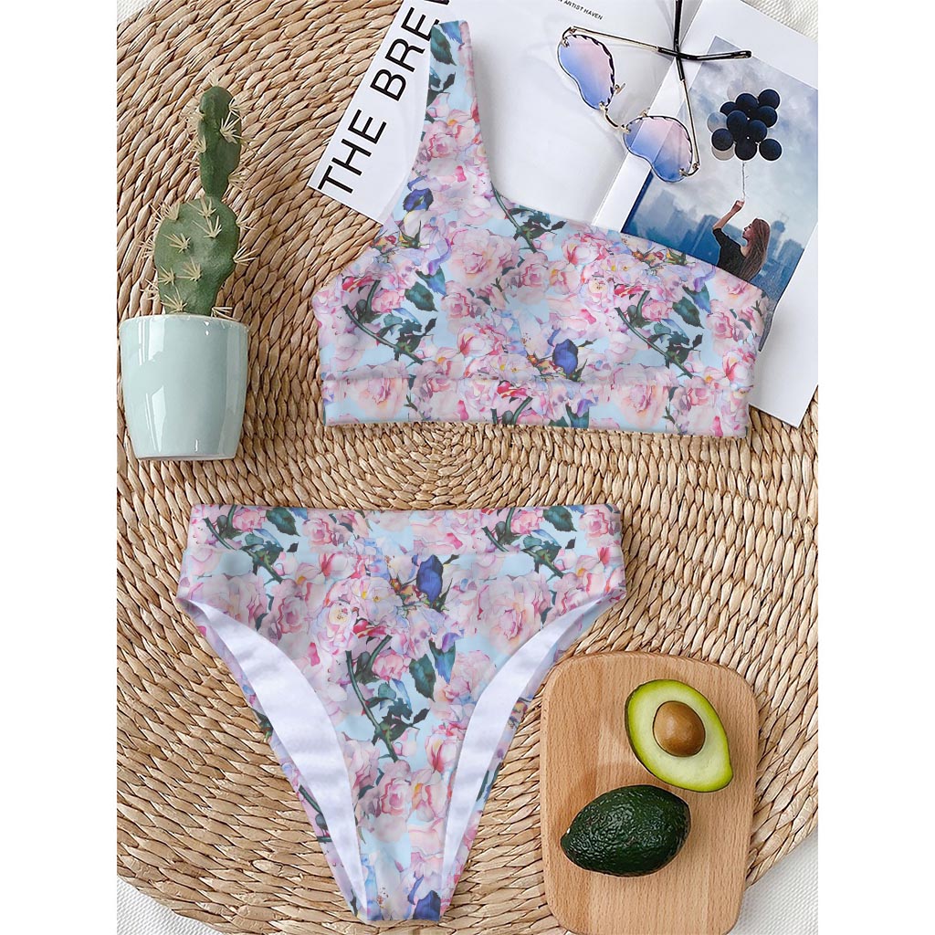 Blossom Floral Flower Pattern Print One Shoulder Bikini Top
