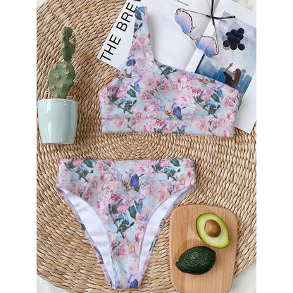 Blossom Floral Flower Pattern Print One Shoulder Bikini Top