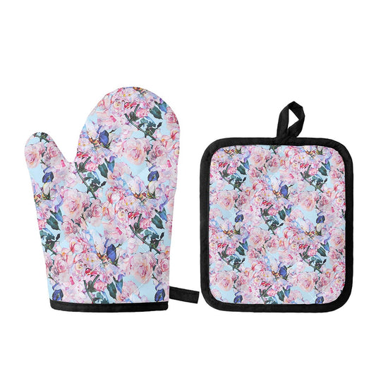 Blossom Floral Flower Pattern Print Oven Mitt And Pot Holder Set